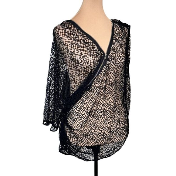 NWT Sugar Lips Black Mesh Fishnet Top Sz.S One Sleeve Sheer Zipper Grunge Goth - Picture 3 of 10